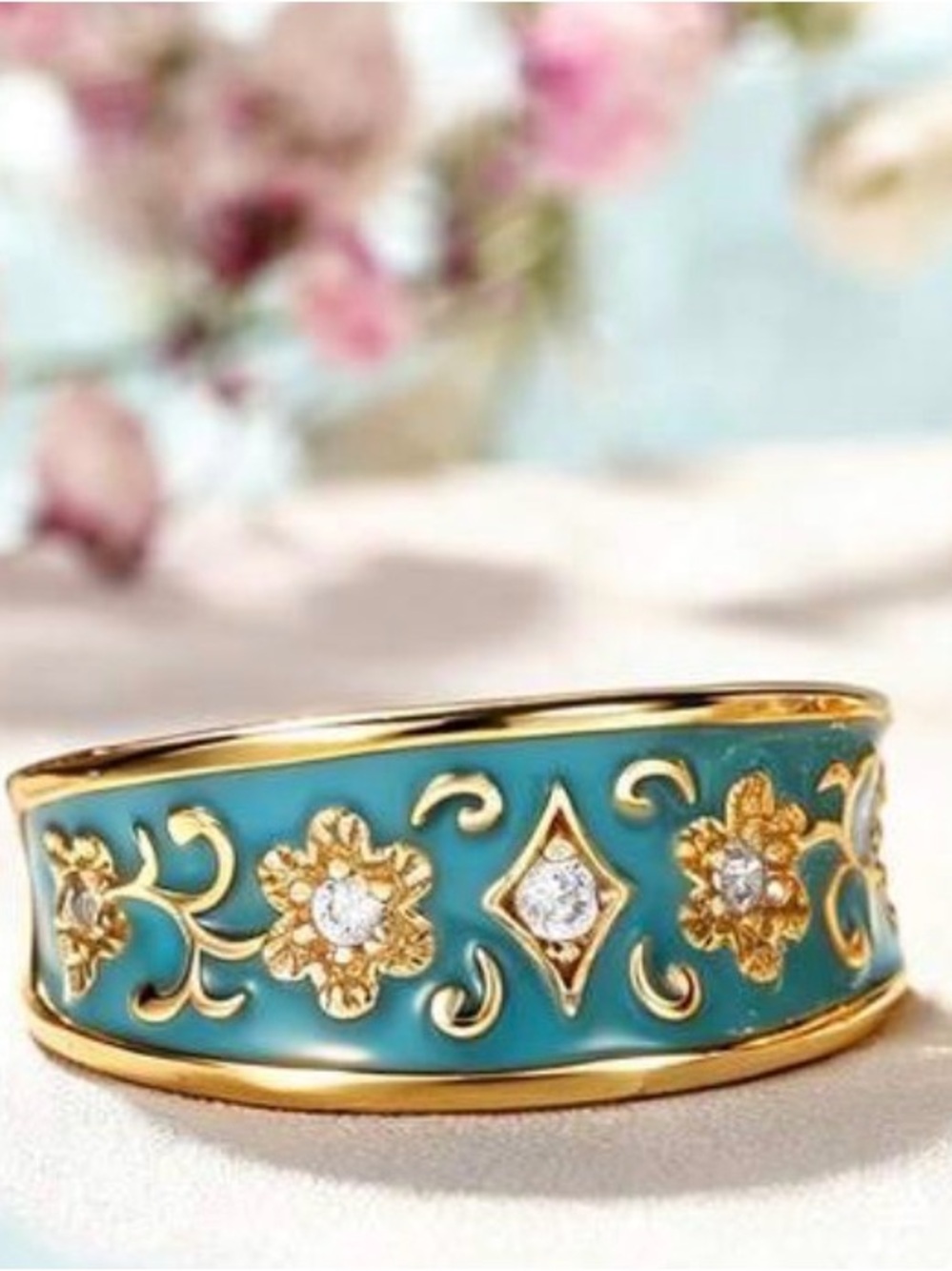 Diamonds cz Gold and turquoise floral ring - High End Ring will not Tarnish!!! 7